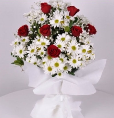 7 adet kırmızı gül ve papatyalar krizantem  Bursa osmangazi internetten çiçek satışı 