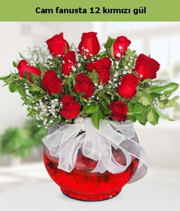 Cam içerisinde 12 adet kırmızı gül  Bursa osmangazi internetten çiçek satışı 
