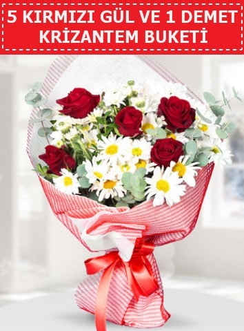 5 adet kırmızı gül ve krizantem buketi  Bursaya çiçek yolla orhangazi çiçek satışı 